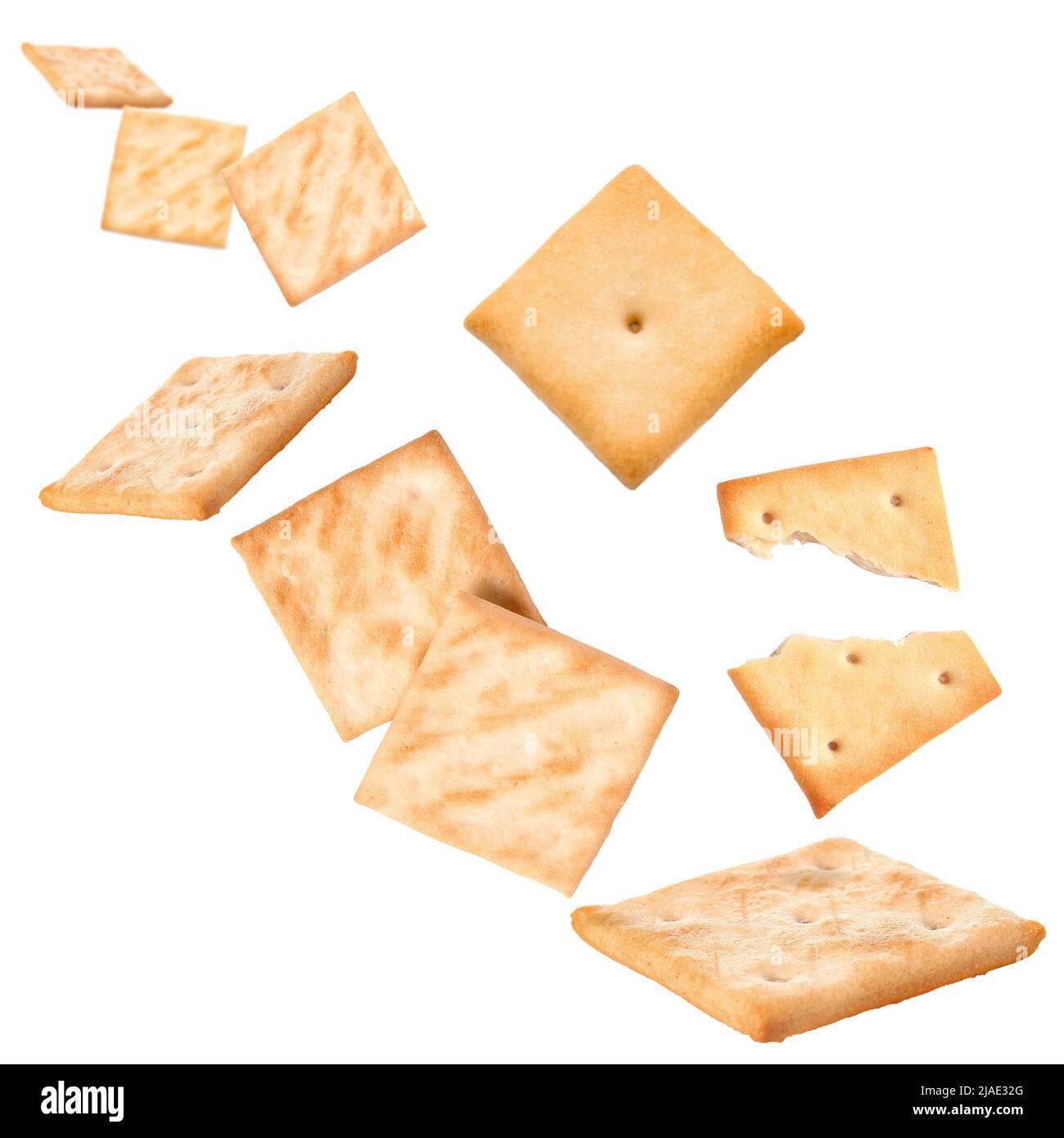 Many crispy crackers isolated on white Stock Photo