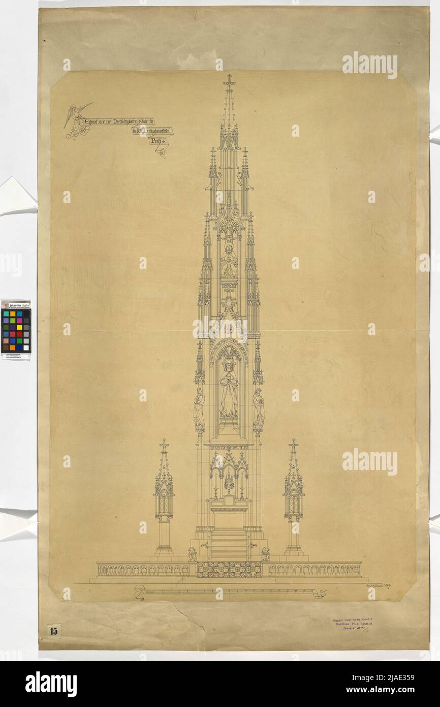 Trinity column in Budapest, tort. Friedrich von Schmidt (1825-1891), draft Stock Photo