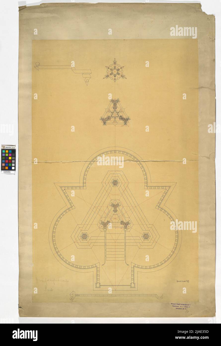 Trinity column in Budapest, floor plan. Friedrich von Schmidt (1825-1891), draft Stock Photo
