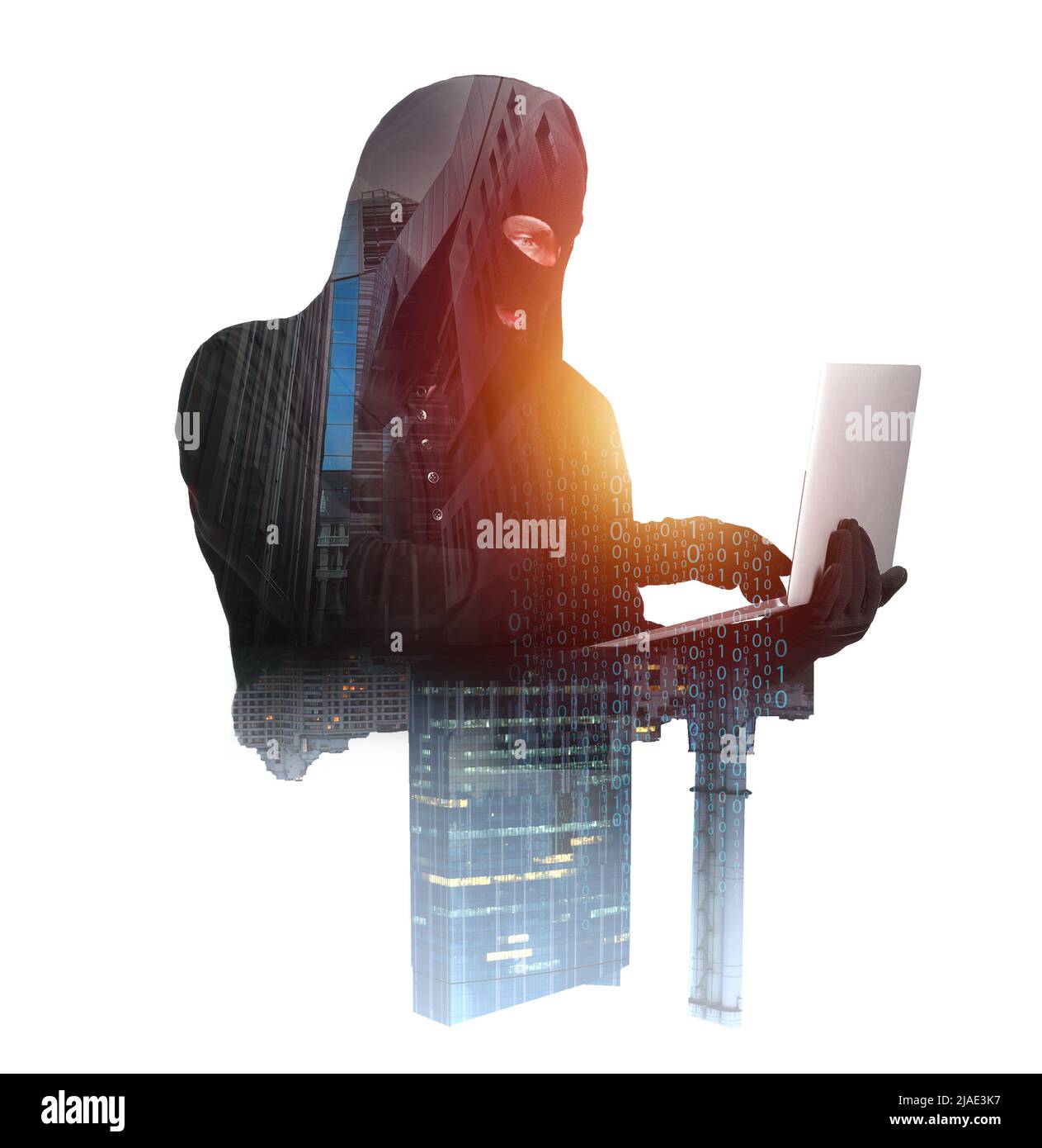 Collage with hacker and modern buildings on white background Stock Photo