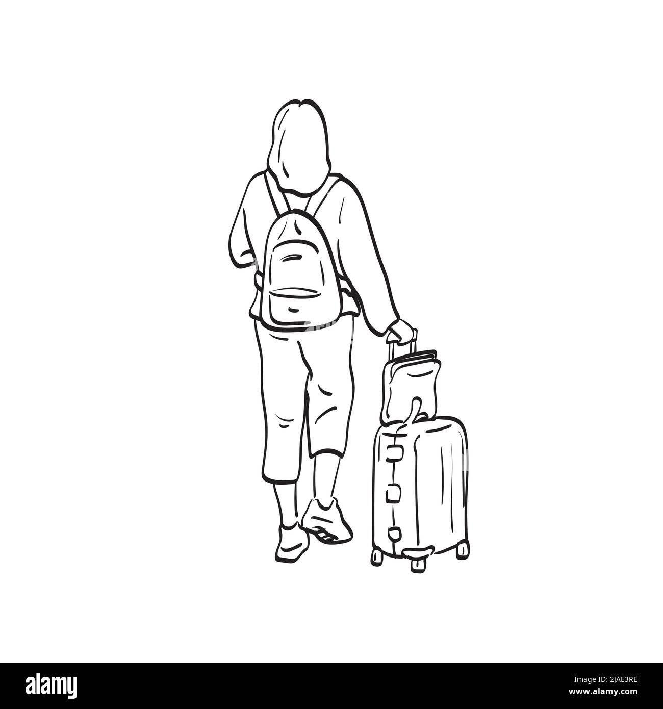 rear view of woman with her luggage for travel illustration vector hand drawn isolated on white background line art. Stock Vector
