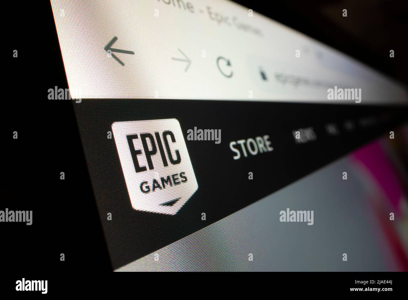 Melbourne, Australia - Feb 4, 2022: Close-up view of Epic Games logo on its website, shot with macro probe lens. Stock Photo