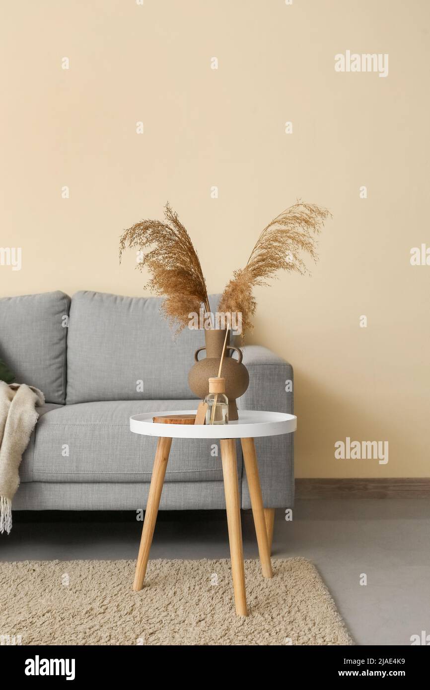Interior of living room with grey sofa and table Stock Photo - Alamy