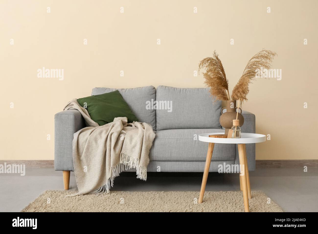 Interior of living room with grey sofa and table Stock Photo - Alamy
