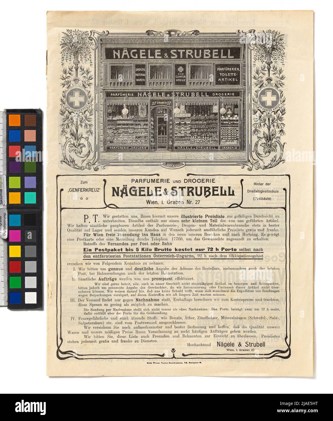 Price list of the 'perfumerie and drugstore Nägele & Strubell', 1. Graben 27. Unknown Stock Photo