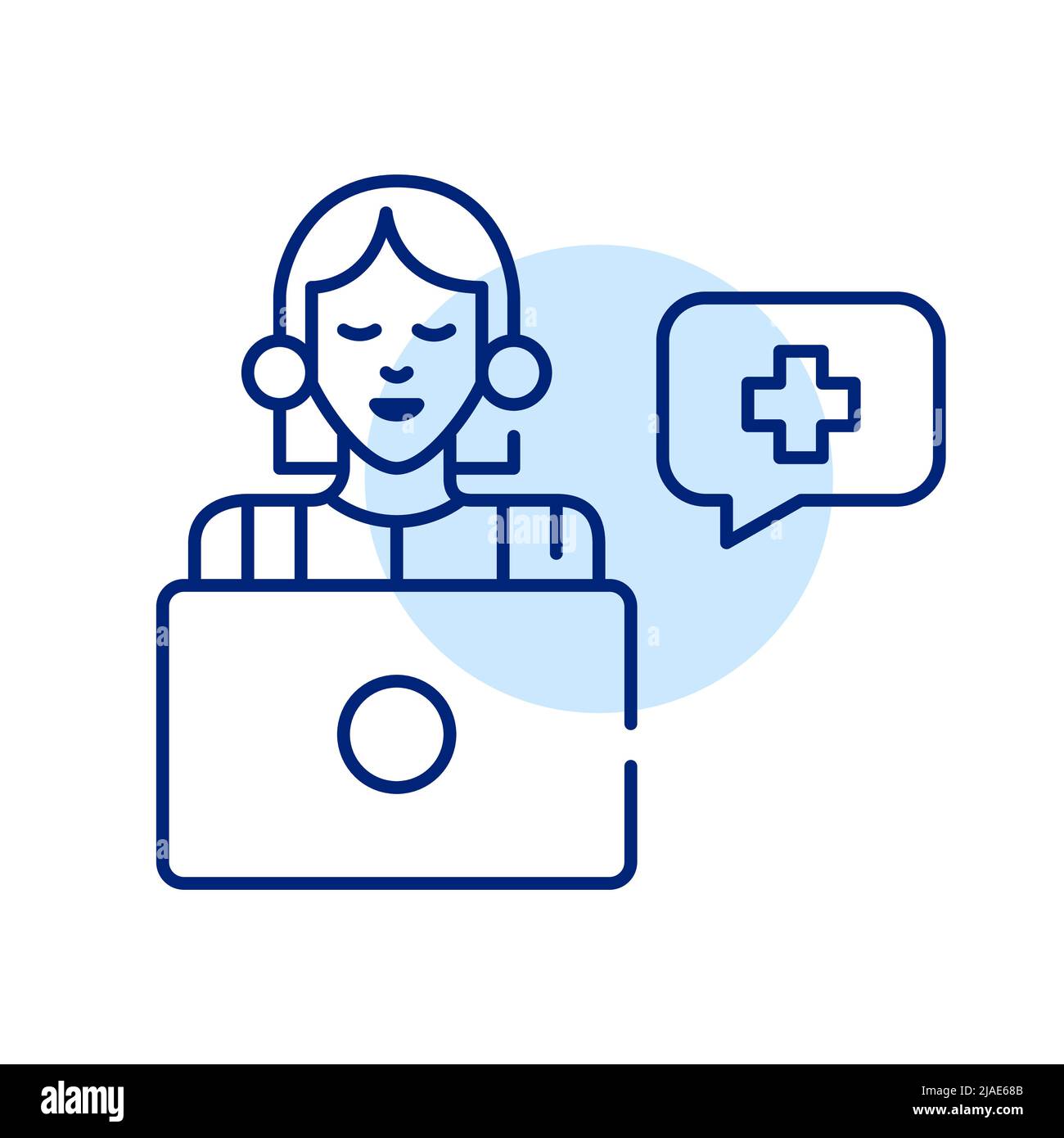 Girl at a laptop getting an online healthcare consultation. Pixel perfect, editable stroke line art icon Stock Vector