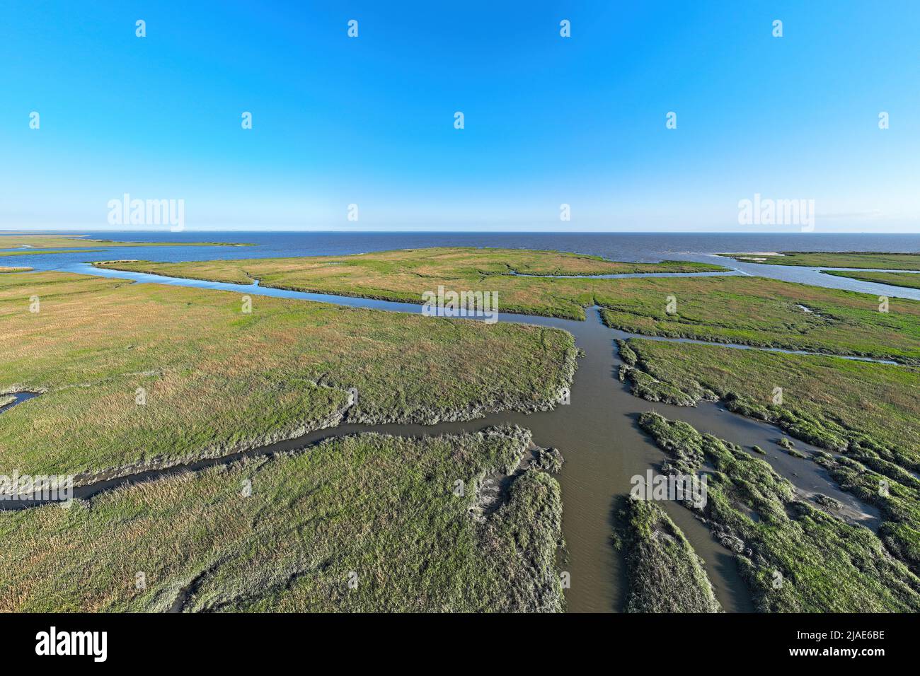 Aerial Drone View of the Delaware Bay and Marsh in New Jersey Stock Photo