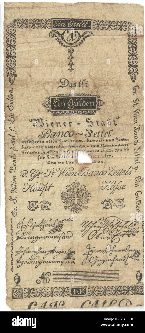 Banco notes, 1 guilders. Unknown ,, Wiener Stadt-Banco, Mint Authority Stock Photo
