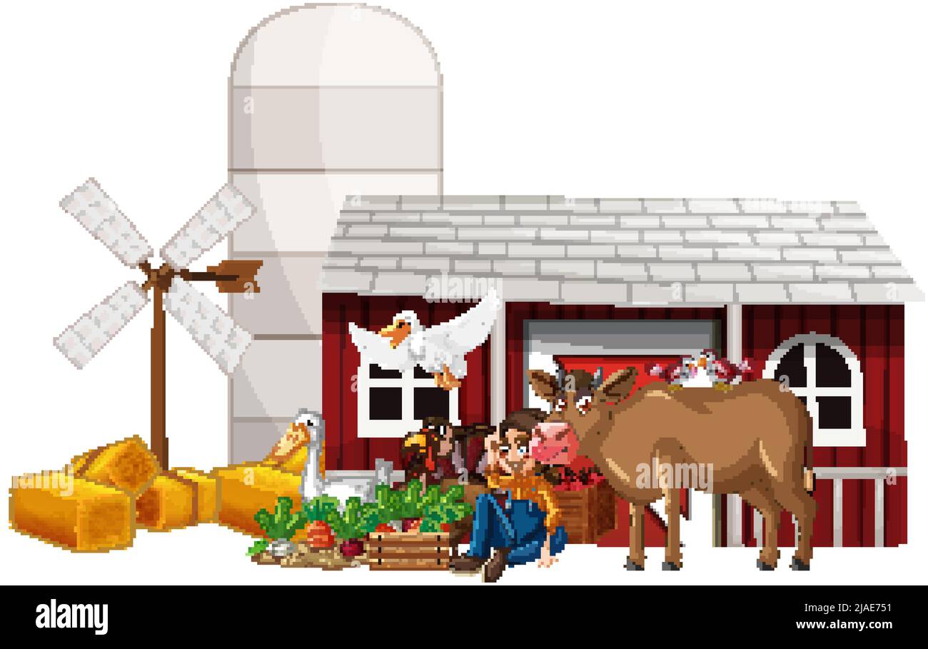 Farming theme with farmer and animals illustration Stock Vector Image ...