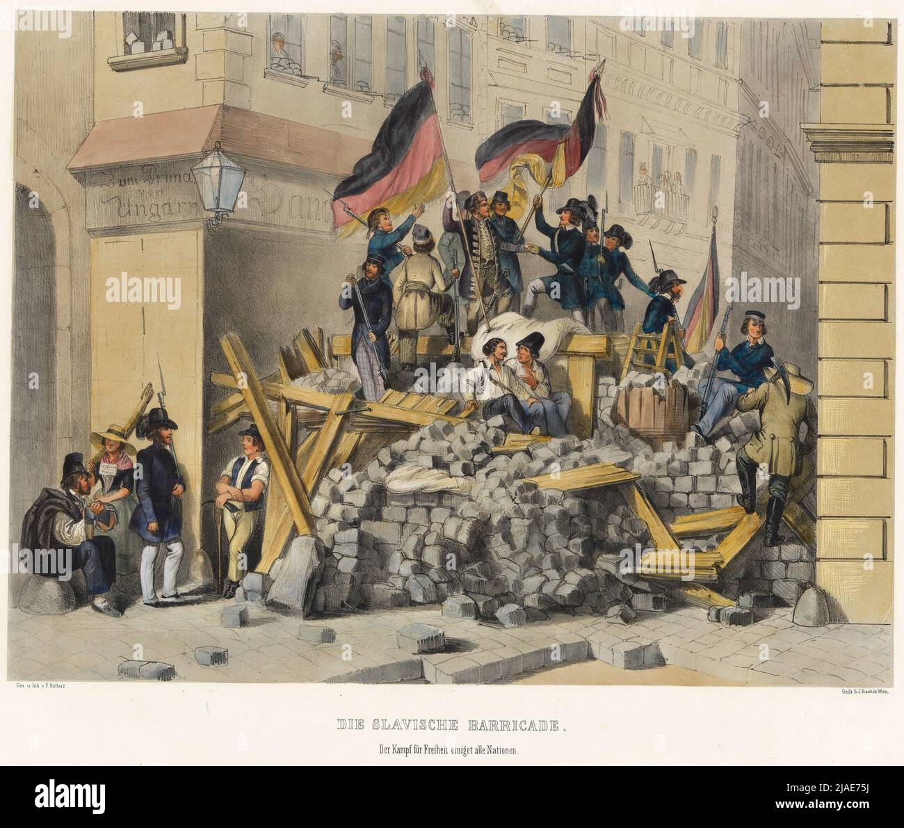 'The Slavic Barricade. / The struggle for freedom agrees all nations. ”(On May 26, 1848). Franz Kollarz (Kolář) (1825-1894), Lithographer, Johann Rauh (1803-1863), printer Stock Photo