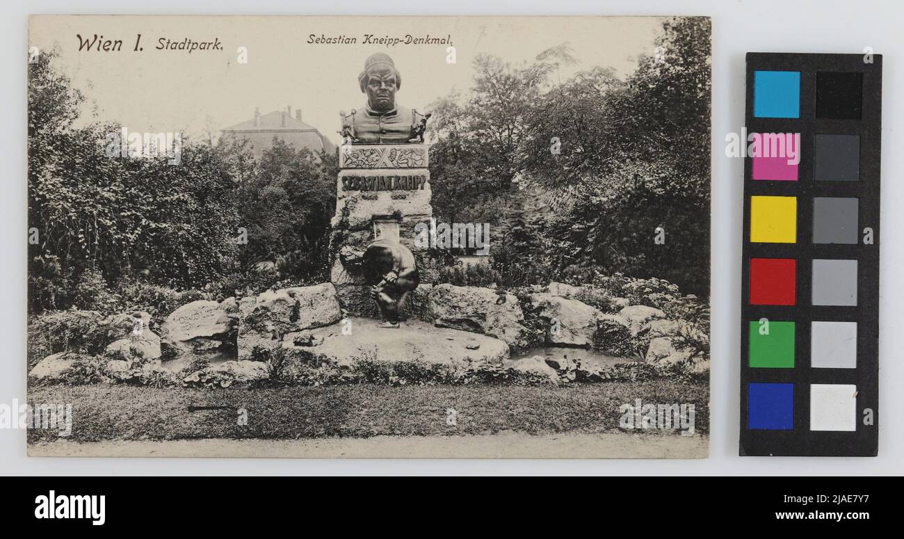 1st, 3rd, city park - Sebastian Kneipp monument/Kneipp fountain, postcard. Paul Ledermann (1882-1946), producer Stock Photo