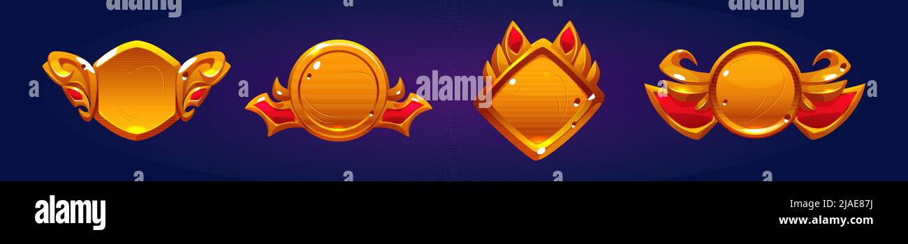 Golden game buttons with fantasy frames, achievement badges isolated on ...