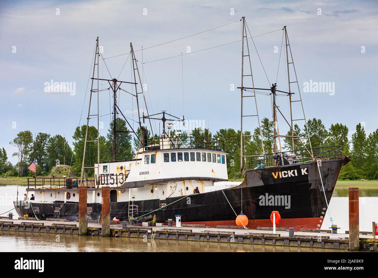 An American fishing vessel Vicki K docked in Steveston Canada before heading north to Alaska Stock Photo