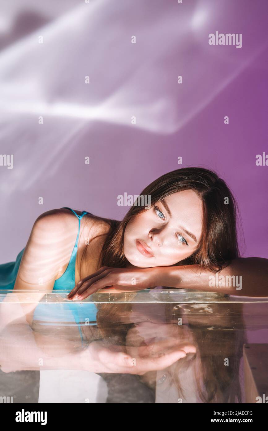 Beauty portrait with water of young woman fashion model with healthy ...