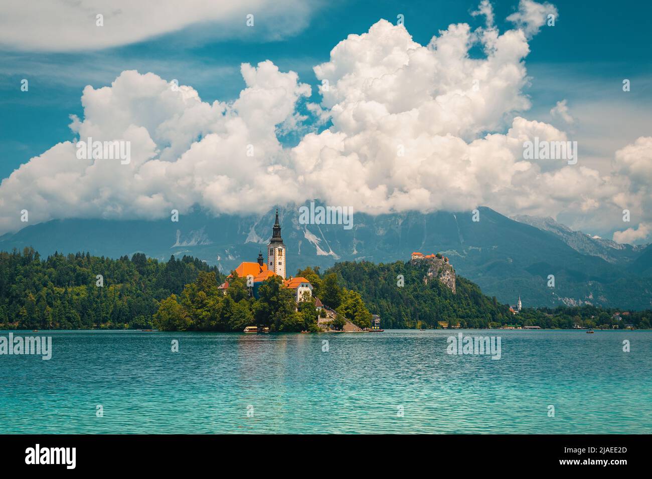 Amazing turquoise lake and famous pilgrimage church on the small island, lake Bled, Slovenia, Europe Stock Photo