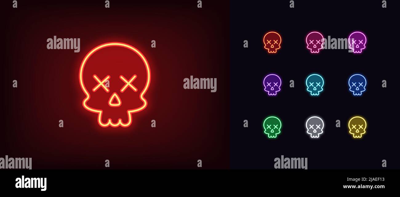 Outline neon skull emoji icon. Glowing neon Skull emoticon silhouette with dead x eyes, skeleton head pictogram. Skull face, danger and death, poison Stock Vector