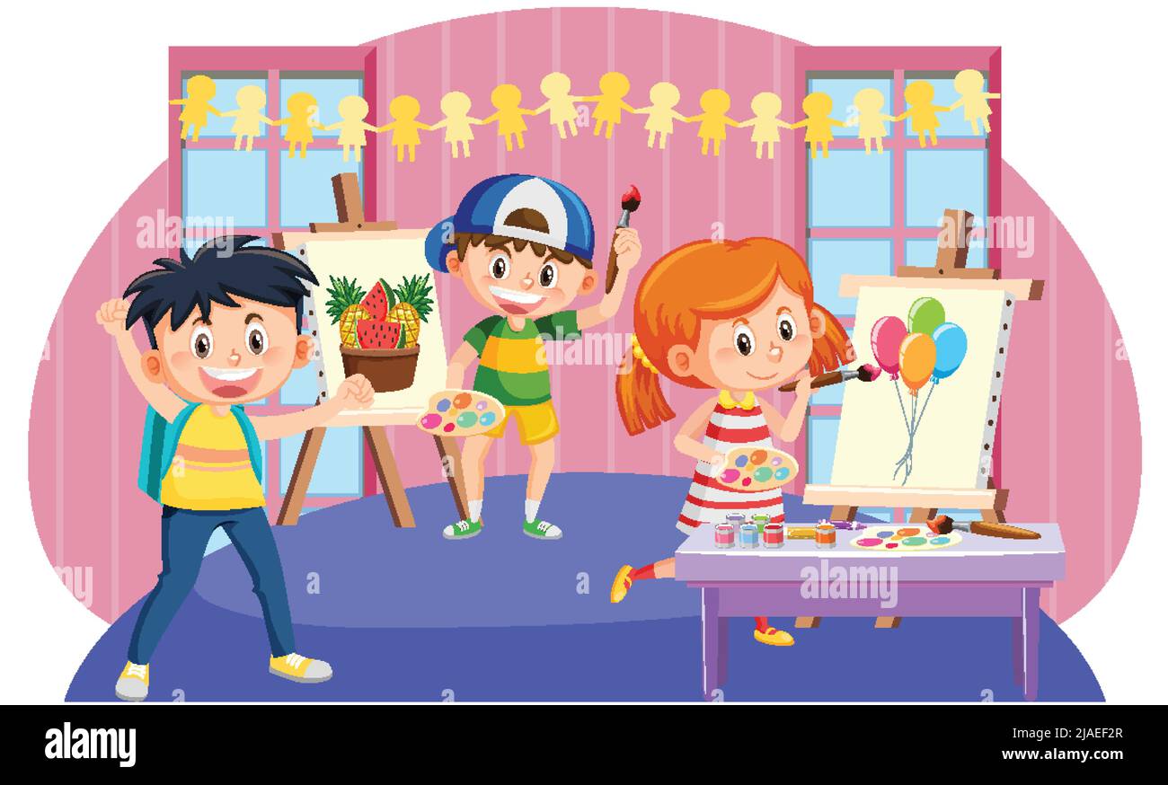 Happy children in an art class painting illustration Stock Vector Image ...