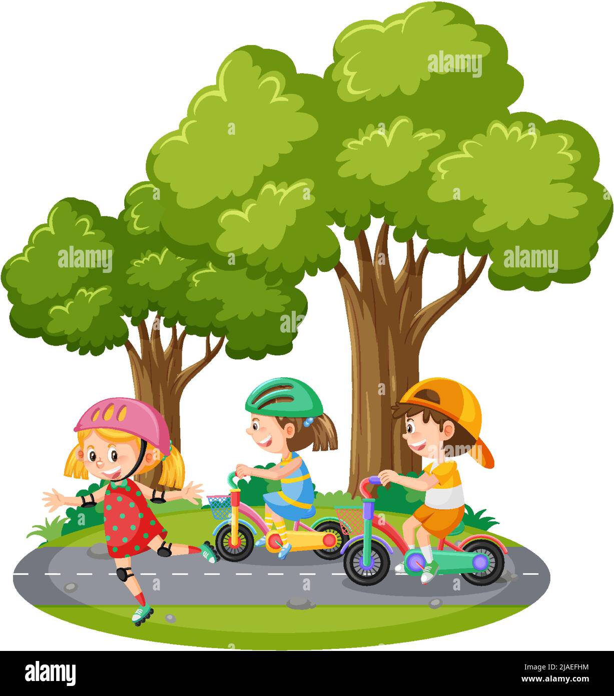 Children riding bicycle at park illustration Stock Vector Image & Art