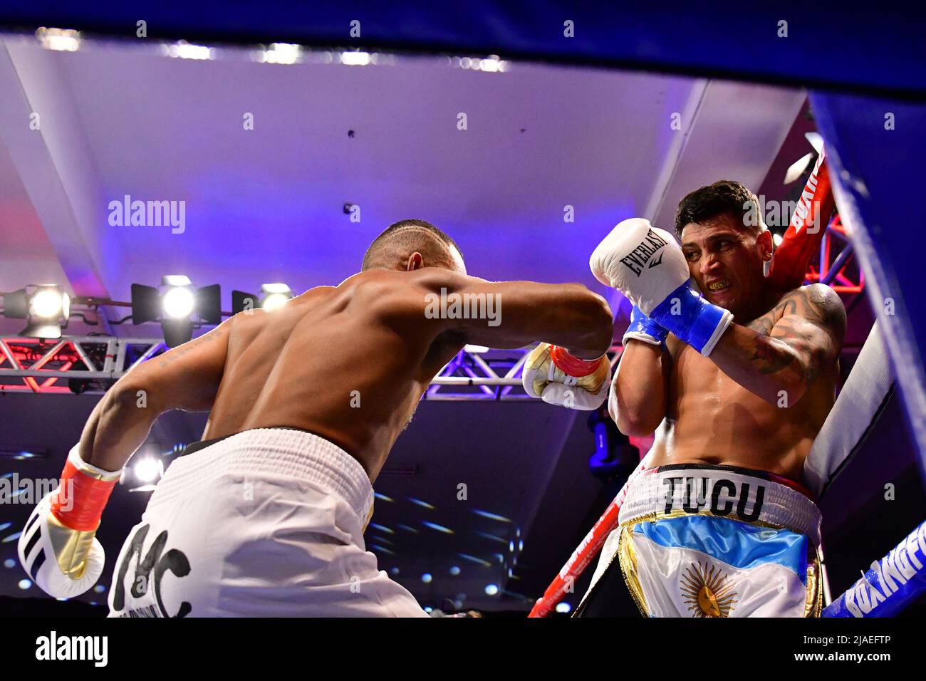 SAO PAULO, BRAZIL - May 29: (L-R) Esquiva Falcão punches Cristian Fabian “El Tuca” Rios in their super middleweight bout during Boxing For You 11 Event at Arena de Lutas on May 29, 2022 in São Paulo, SP, Brazil (Photo by Leandro Bernardes/Pximages) Credit: Px Images/Alamy Live News Stock Photo