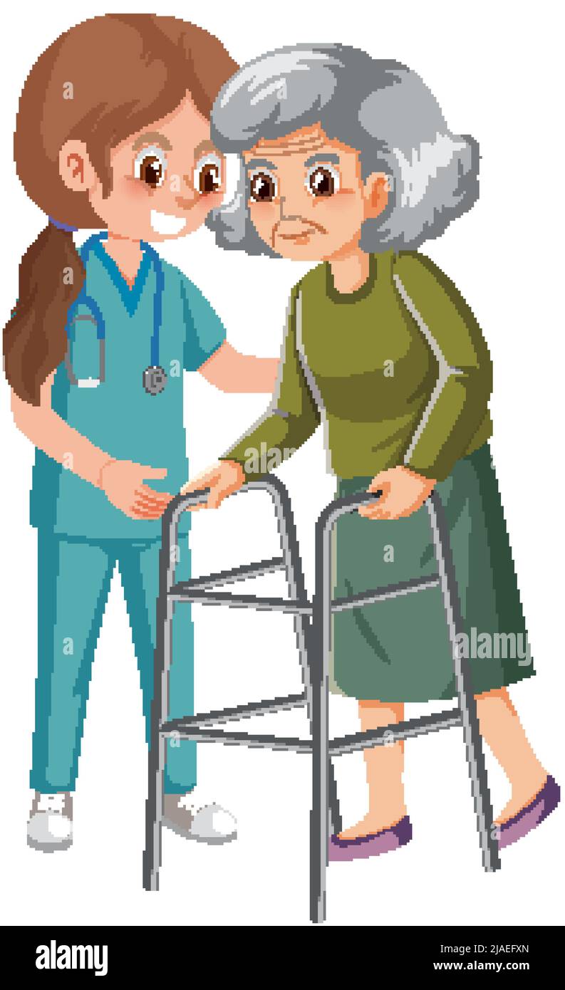 Elderly woman with walker and nurse illustration Stock Vector Image ...