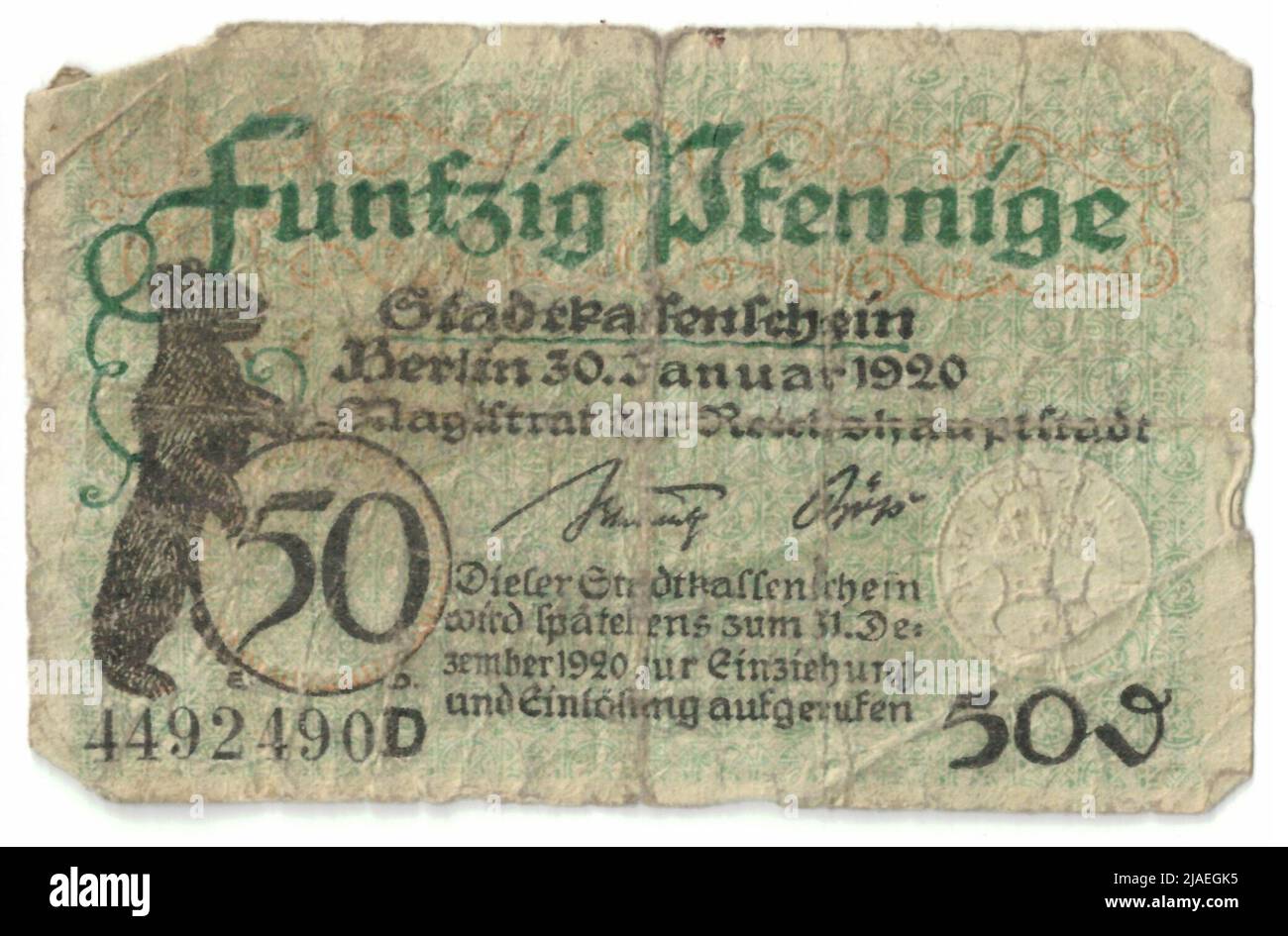 Stadtkassenschein, 50 pennies. Magistrate of the Reich Capital Berlin, Mint Authority Stock Photo