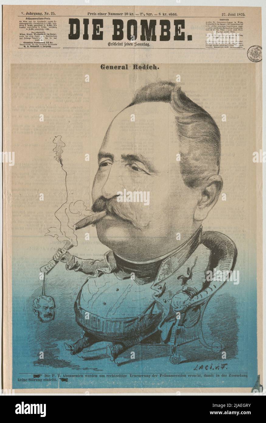 General Rodich. '. General Gabriel Freiherr von Rodich lights up his cigar with ministerial letters (title page of' Die Bomb '). László frecskay (1844-1916), Caricaturist, C. Angerer & Göschl, Realization Stock Photo