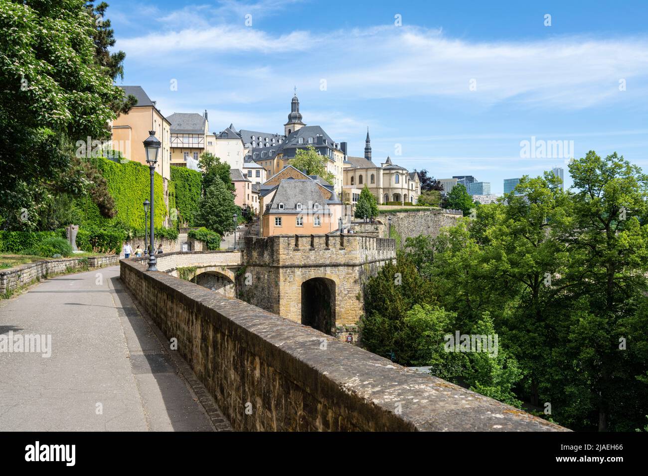 Luxembourg city, May 2022.  view of the Chemin de la Corniche, a scenic route on the old city center walls Stock Photo