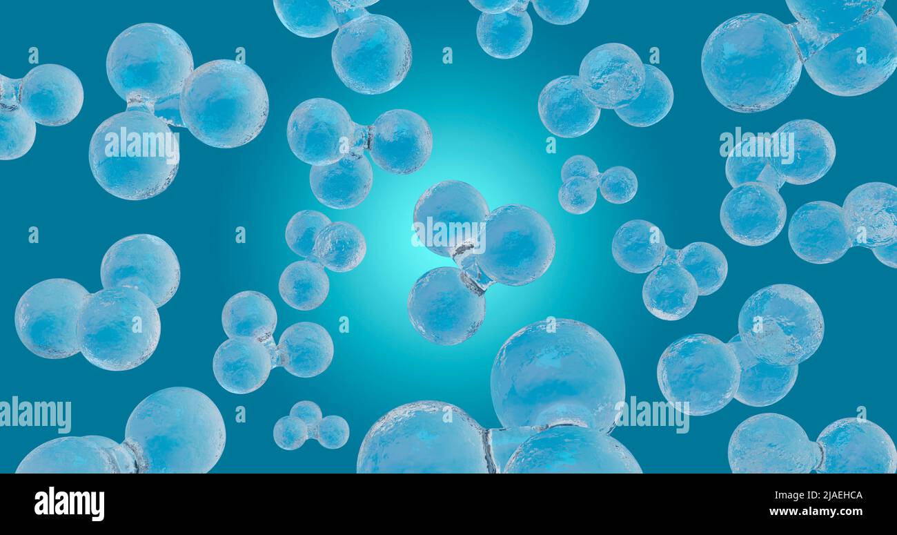 water molecule has three atoms, two hydrogen and one oxygen. 3d render Stock Photo