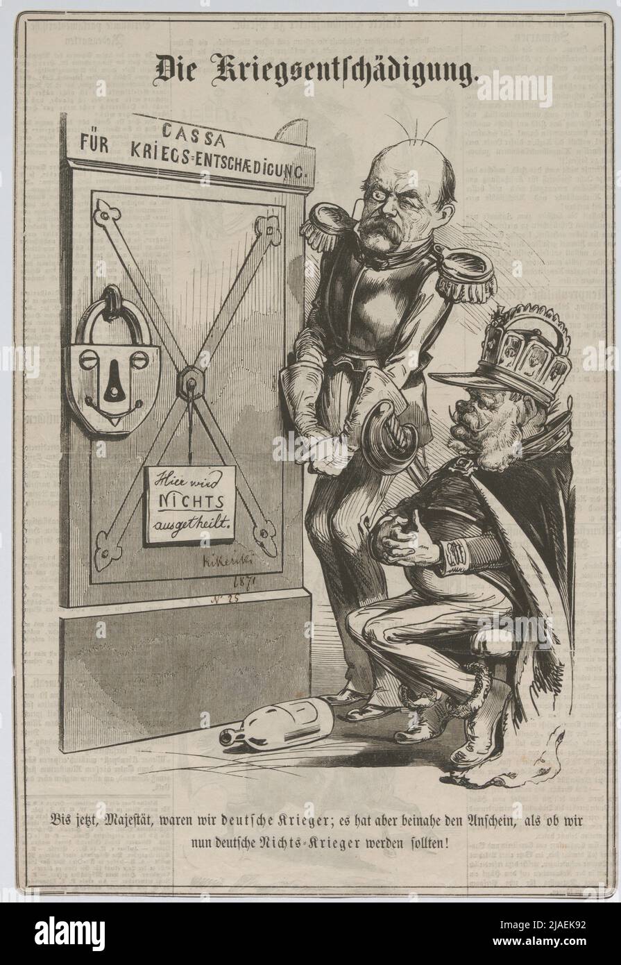 The war compensation. '. The German Emperor Wilhelm I and Otto von Bismarck in front of the closed cash register for war compensation (cartoon from' Kikeriki '). Unknown Stock Photo