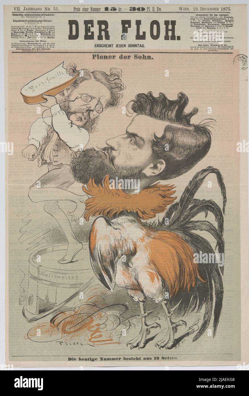 Plener the son. '. Reichsratsmanthehrer Ernest Freiherr von Plener as Hahn, also Finance Minister Sisinio de Pretis-Cagnodo (title page of' Der Floh '). Friedrich Graetz (Grätz) (1842-1912), Caricaturist Stock Photo