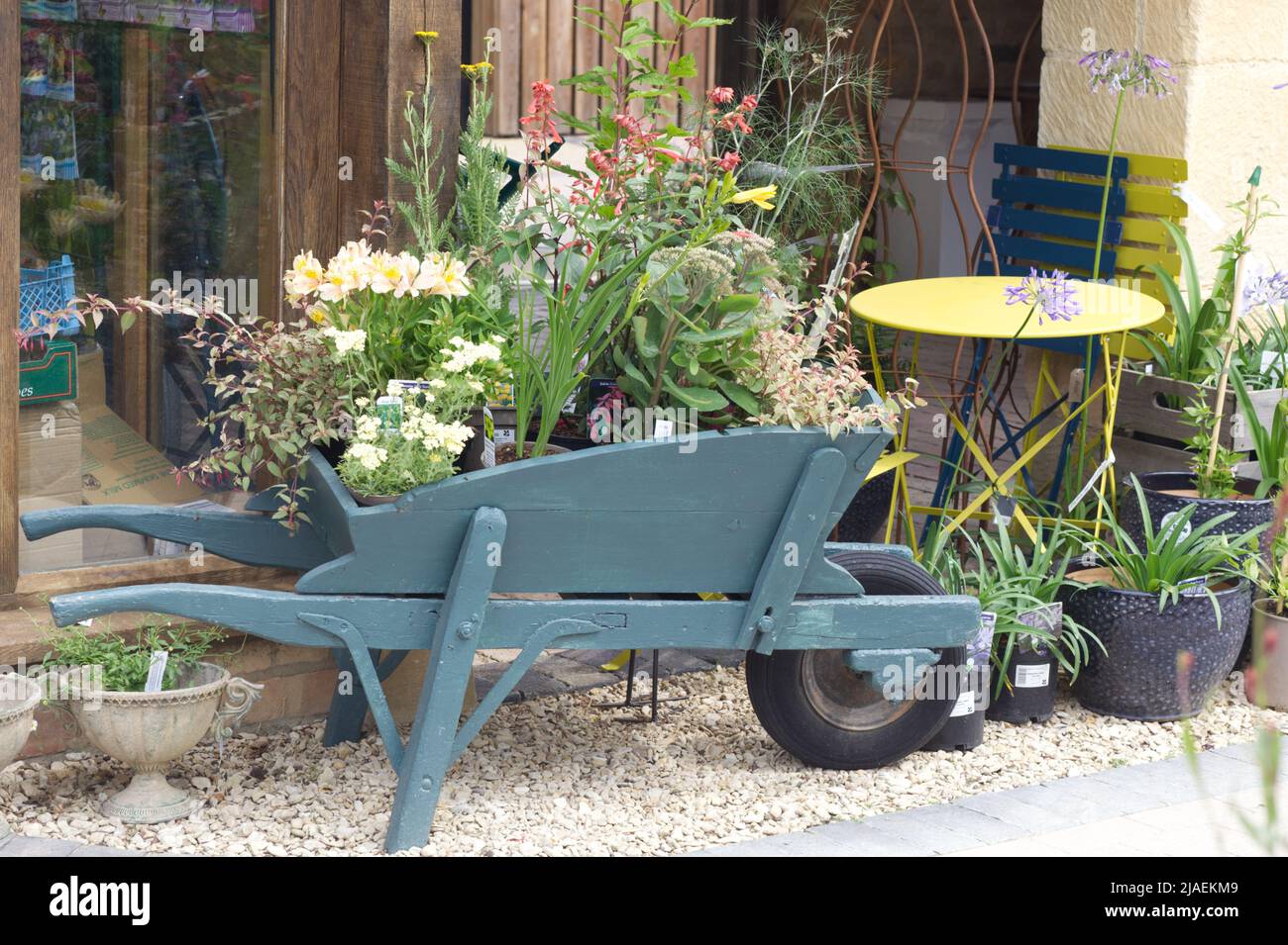 wooden wheelbarrow planter. Stock Photo