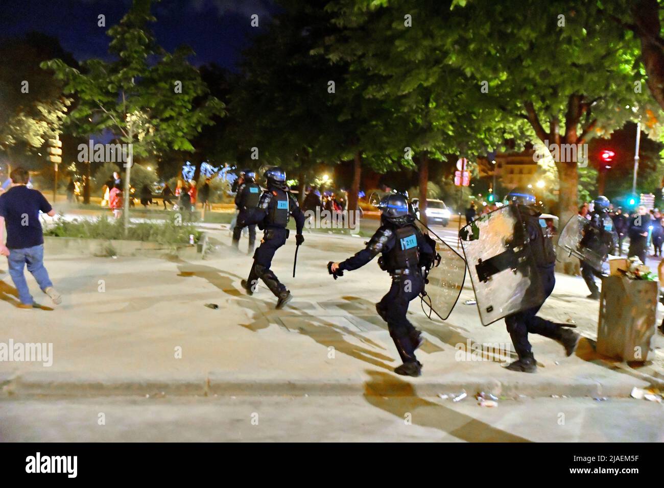 Football fans clash with police near Place de la Nation in Paris, France on May 28, 2022, after the Champions League football match final between Liverpool FC and Real Madrid. Photo by Karim Ait Adjedjou/ABACAPRESS.COM Stock Photo
