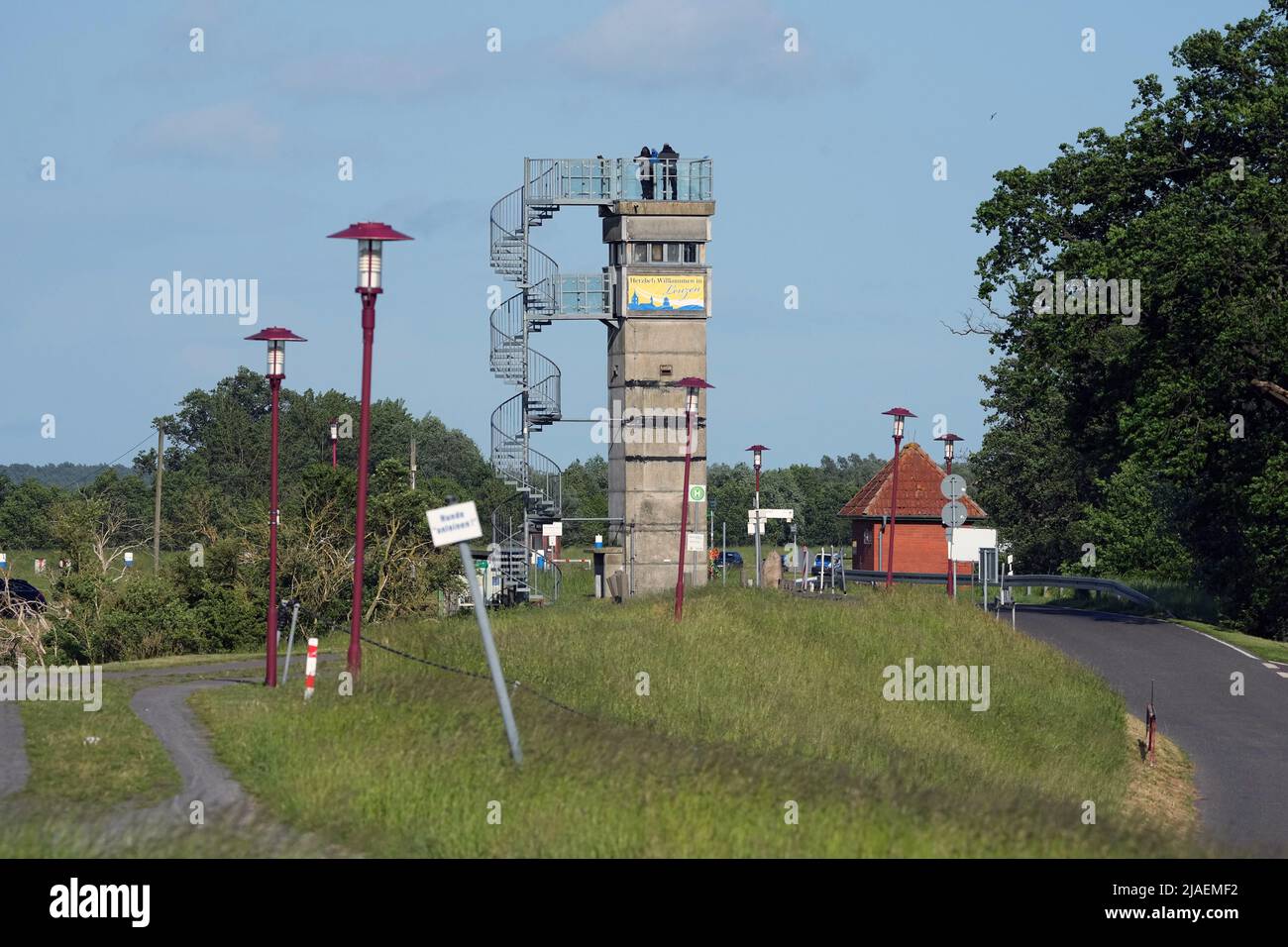 27 May 2022, Brandenburg, Lenzen (Elbe): The former watchtower of the GDR border troops on the Elbe near the pier of the Pevestorf-Lenzen ferry. The tower is a few meters from the riverbank and has been converted into a lookout point. Photo: Soeren Stache/dpa Stock Photo