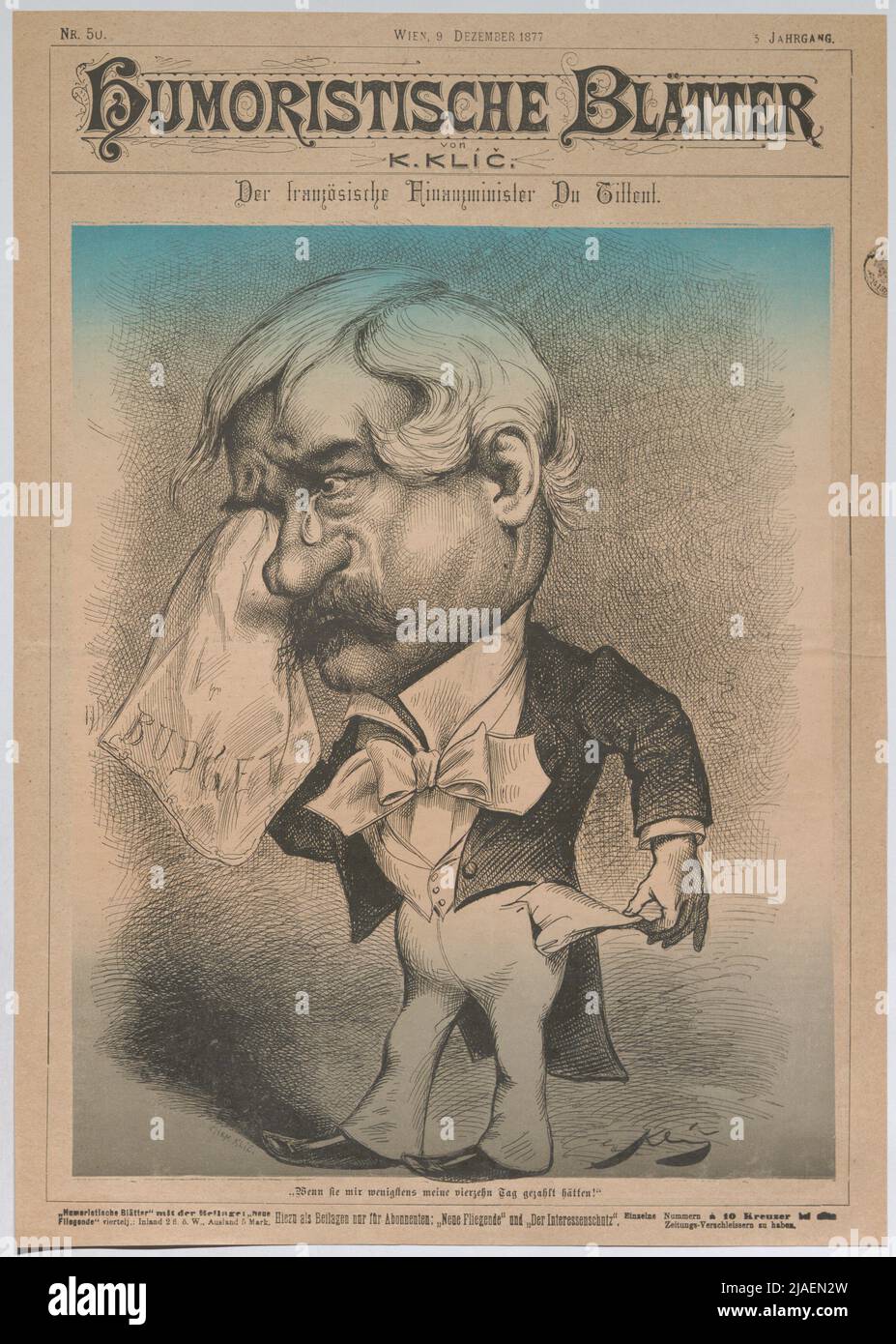 The French finance minister du Tilleul. '. The French finance minister François Dutilleul cries into his budget handkerchief (title page of' humorous leaves '). Karl Klic (1841-1926), caricaturist Stock Photo
