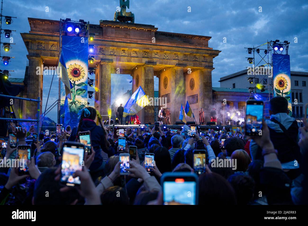 Berlin, Germany. 29th May, 2022. Kalush Orchestra Band, winners of the Eurovision Song Contest 2022, will be on stage at the charity event 'Save Ukraine - #StopWar' at the Brandenburg Gate. The organizers want to draw the world's attention to the events in Ukraine and collect donations for the purchase of medical equipment. Credit: Christophe Gateau/dpa/Alamy Live News Stock Photo