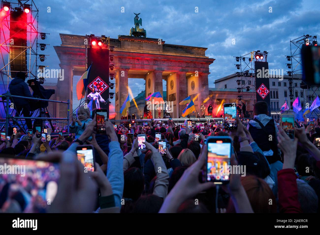 Berlin, Germany. 29th May, 2022. Kalush Orchestra Band, winners of the Eurovision Song Contest 2022, will be on stage at the charity event 'Save Ukraine - #StopWar' at the Brandenburg Gate. The organizers want to draw the world's attention to the events in Ukraine and collect donations for the purchase of medical equipment. Credit: Christophe Gateau/dpa/Alamy Live News Stock Photo
