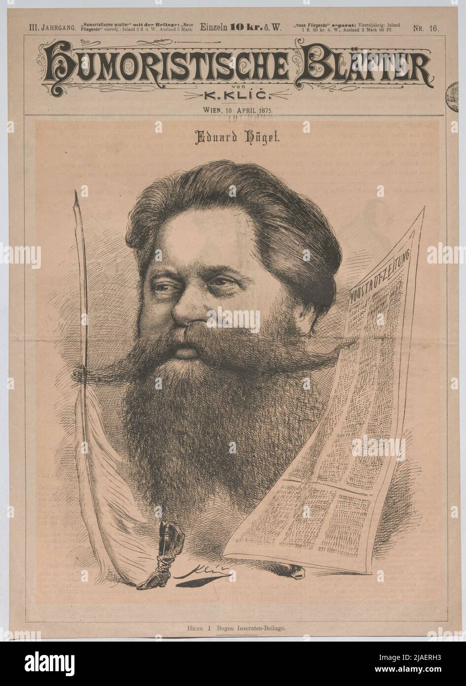 Eduard Hügel. '. Eduard Hügel and the' Vorstadt-Zeitung '(title page of' humorous leaves '). Karl Klic (1841-1926), Caricaturist Stock Photo