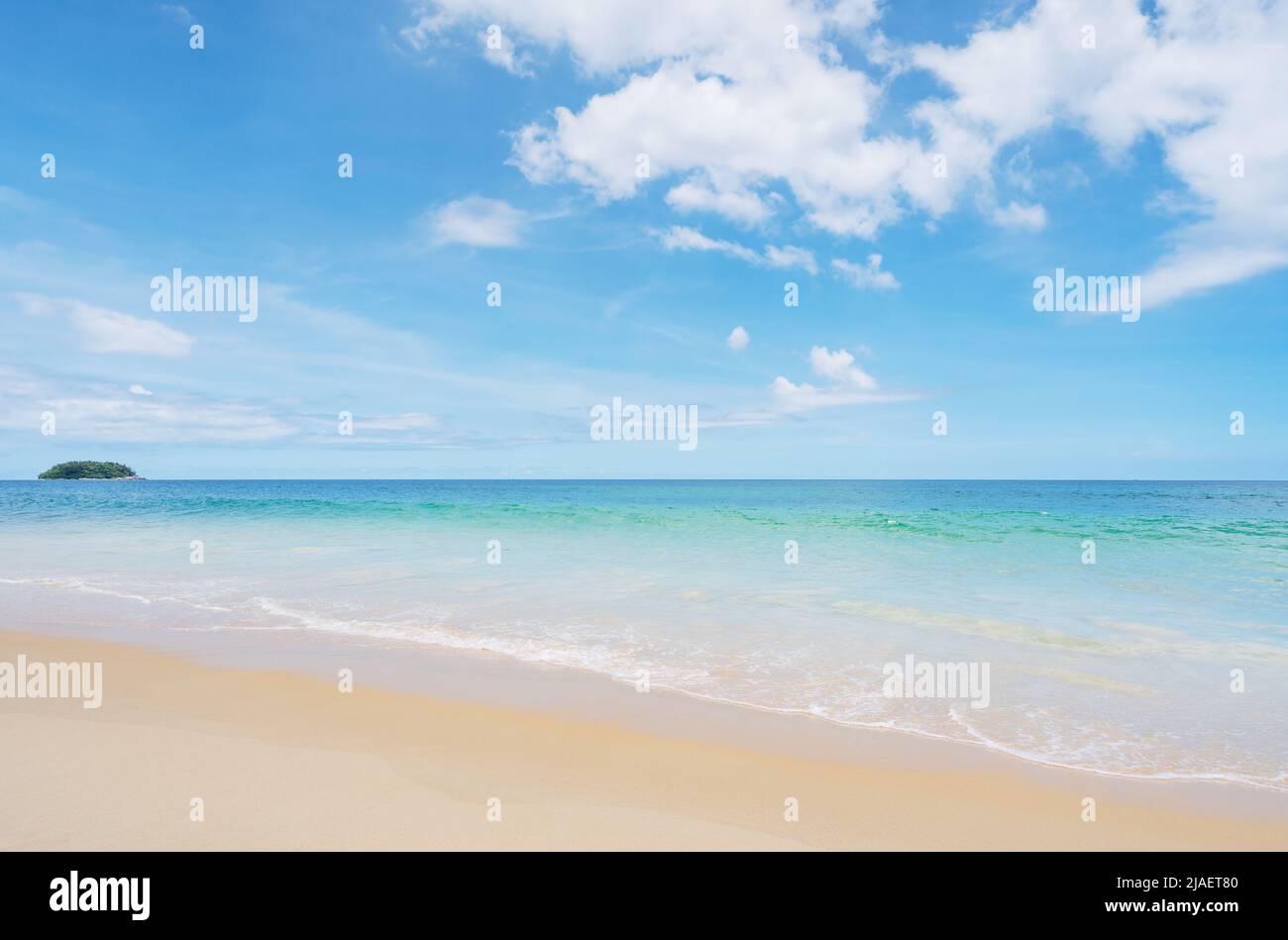 Tropical sandy beach with blue ocean and blue sky background image for ...