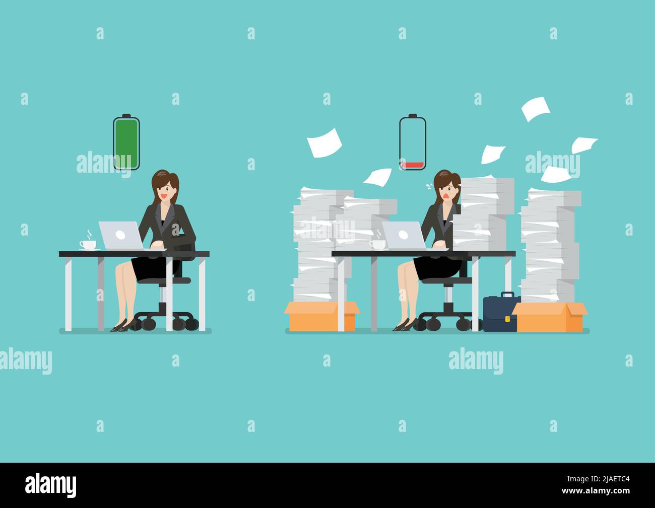 Full battery woman and low battery woman sitting at table with laptop and pile of papers. Vector illustration Stock Vector