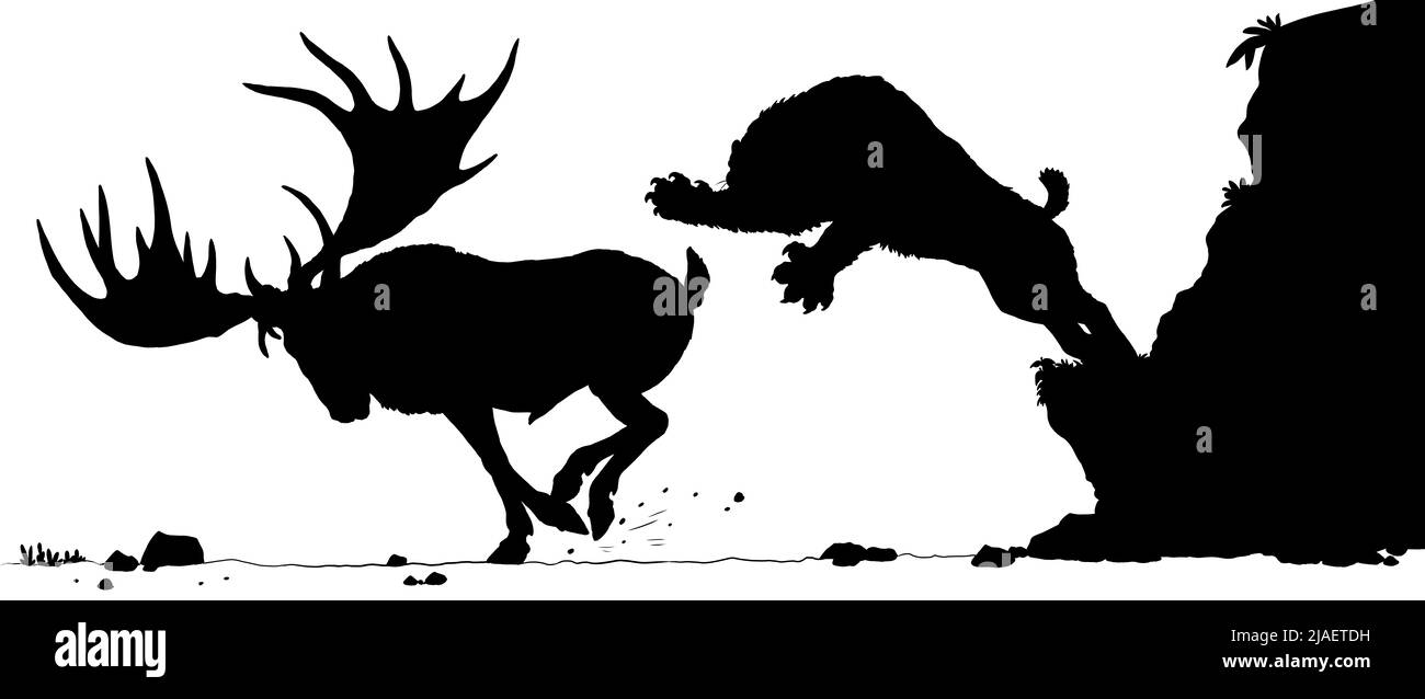 Saber-tooth attacks the gigantic deer megaloceros. Drawing with extinct animals. Stock Photo