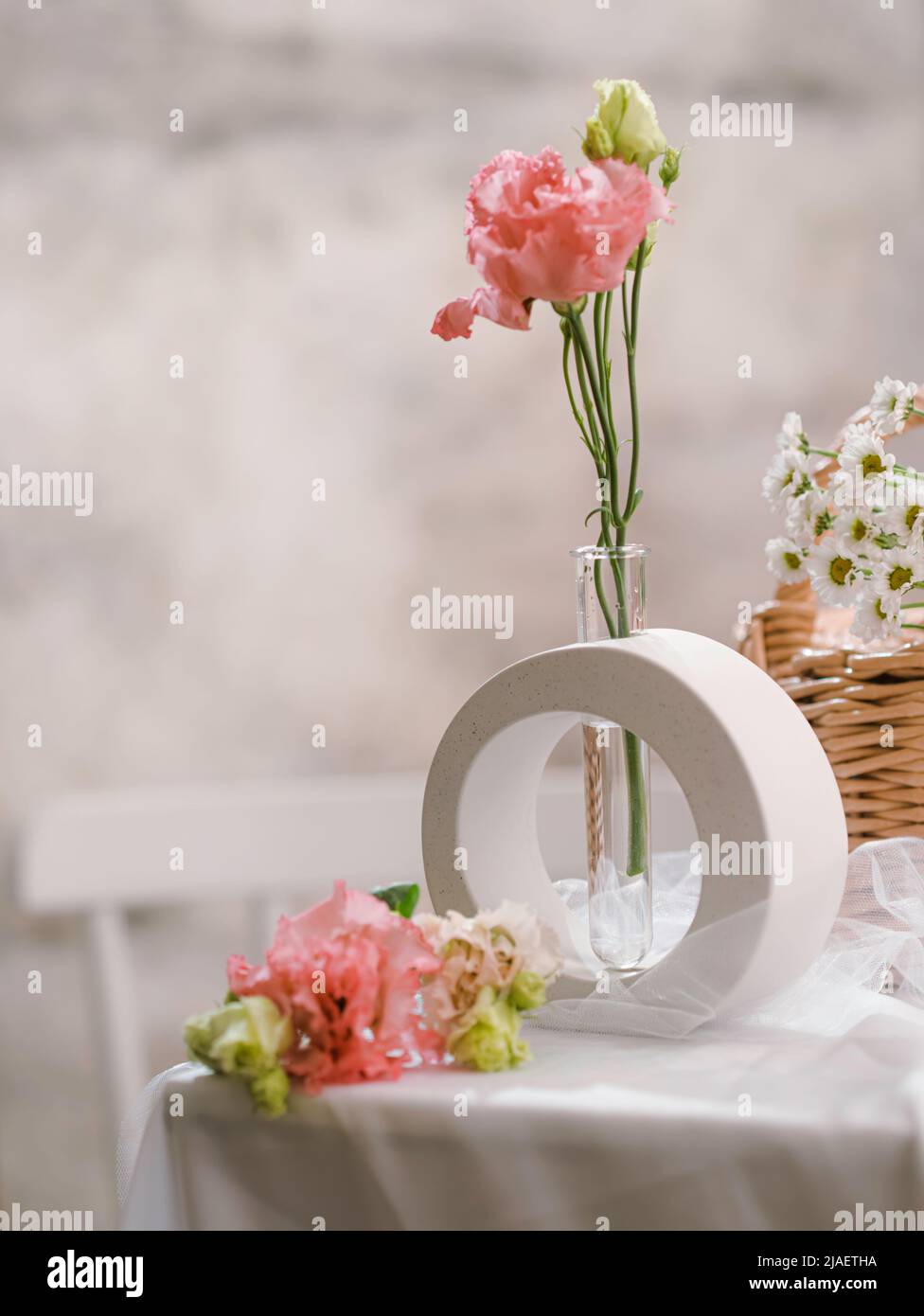 White Tender handmade plaster vase. Modern home decoration. Selective focus Stock Photo