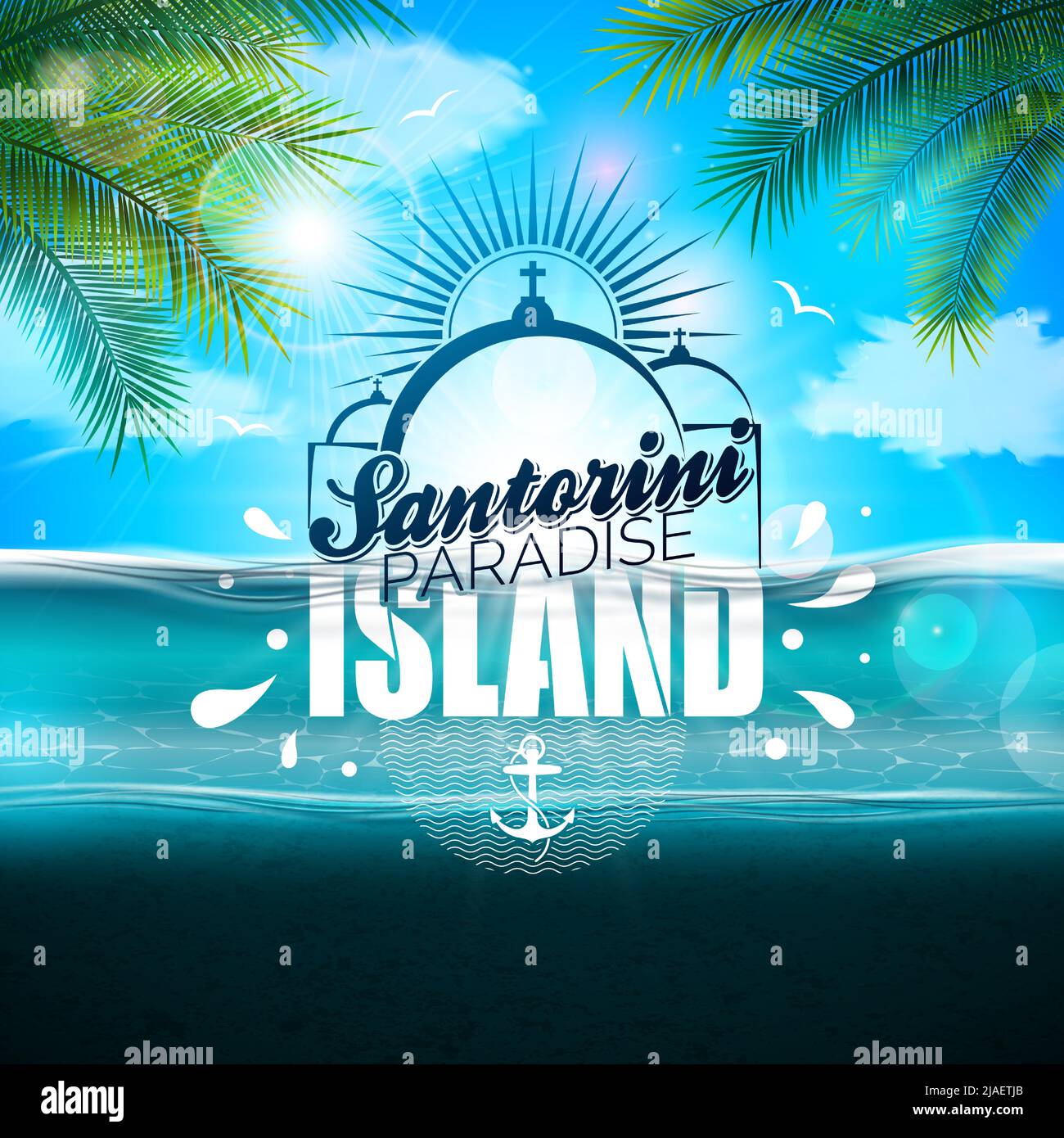 Summer Holiday Design with Santorini Paradise Island Typography Lettering on Black Sand Beach Ocean Landscape Background. Tropical Vector Illustration Stock Vector