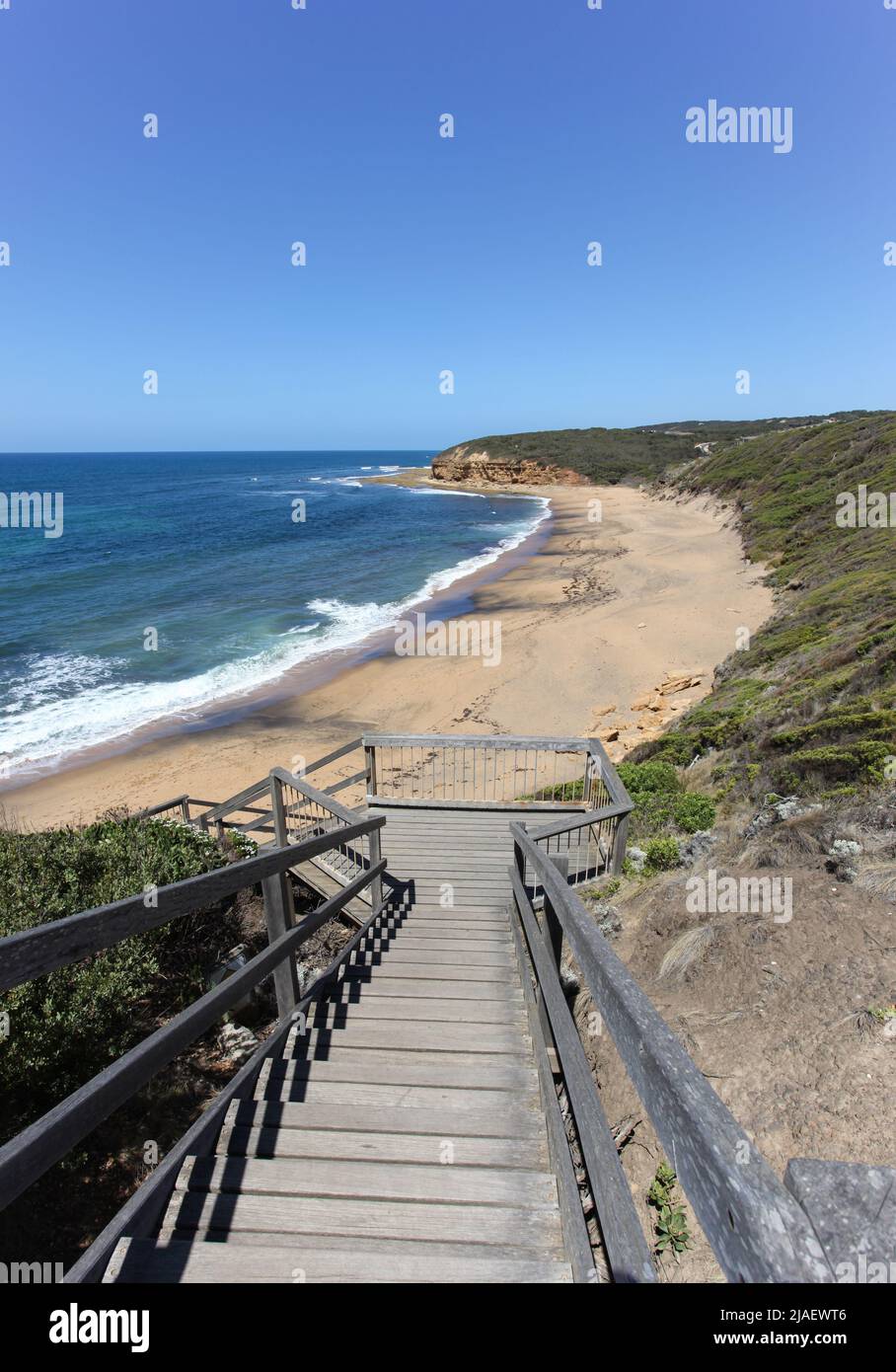 Bells Beach is one of Australia's most famous surfing beaches located on the Great Ocean Road west of Melbourne.This stairway leads down to the sand. Stock Photo
