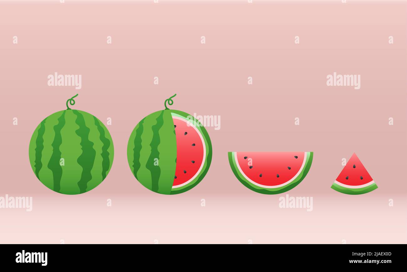 Watermelon and juicy slices vector set, flat design of green leaves and ...