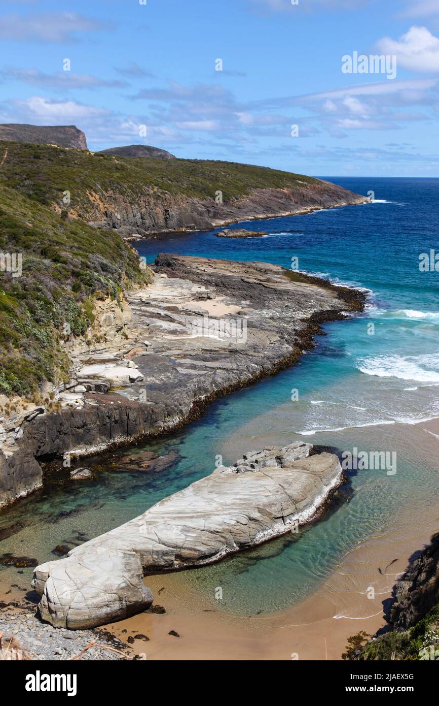 View of rugged coastline near Port Arthur Tasmania taken from Maingon Lookout. This section of rugged coast has many walking trails that people can us Stock Photo