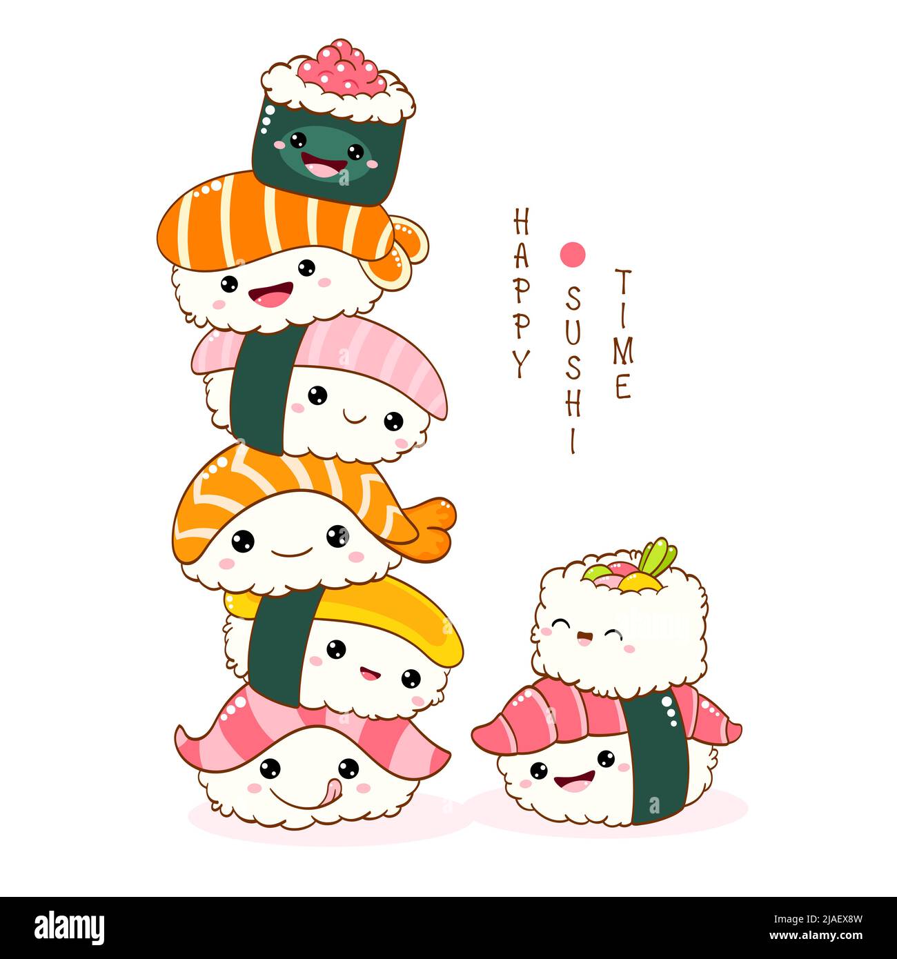 Stack of cute sushi and rolls in kawaii style with smiling faces