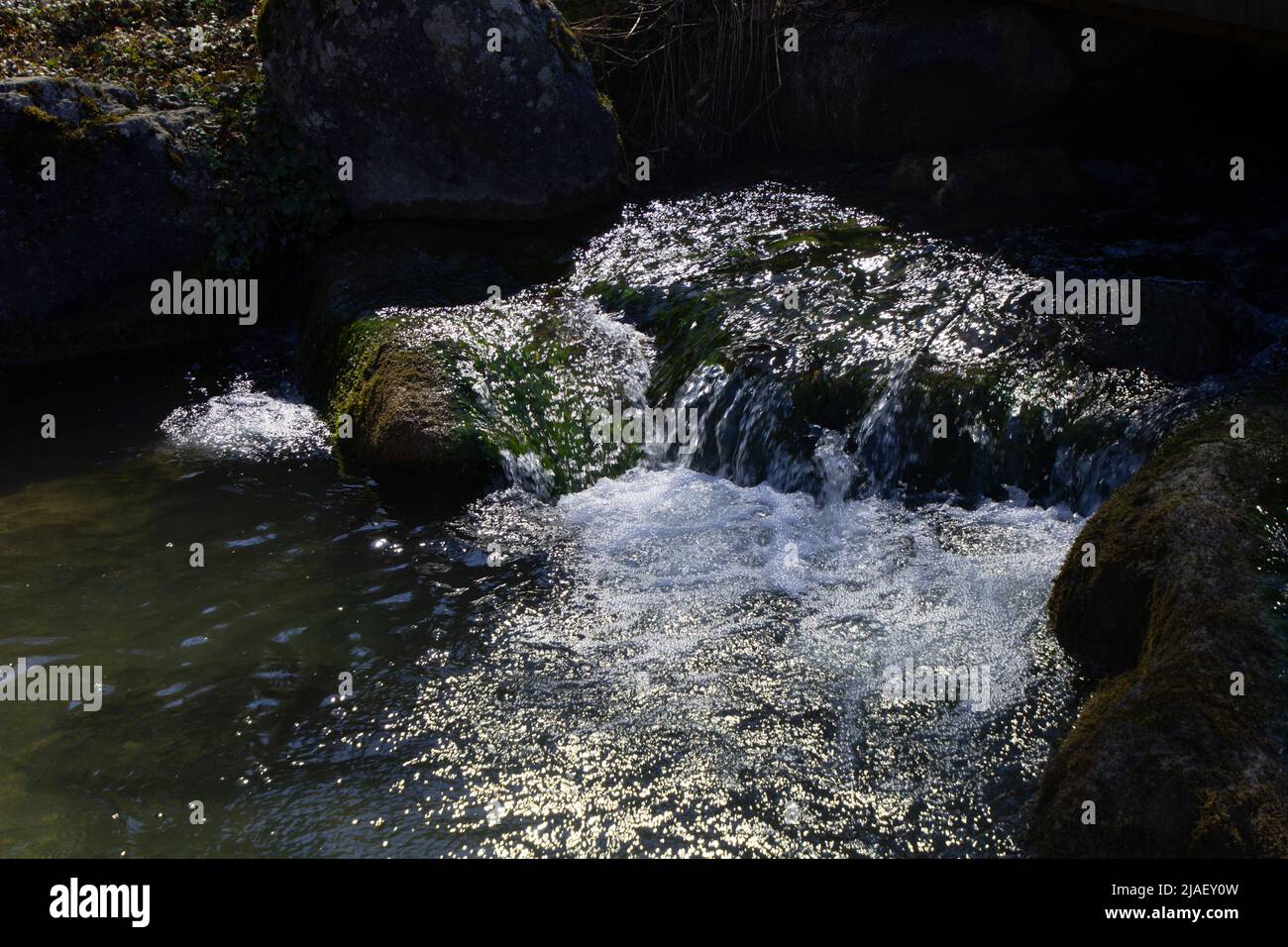whitewater flow of stream water and spray from a stone detail scene Stock Photo