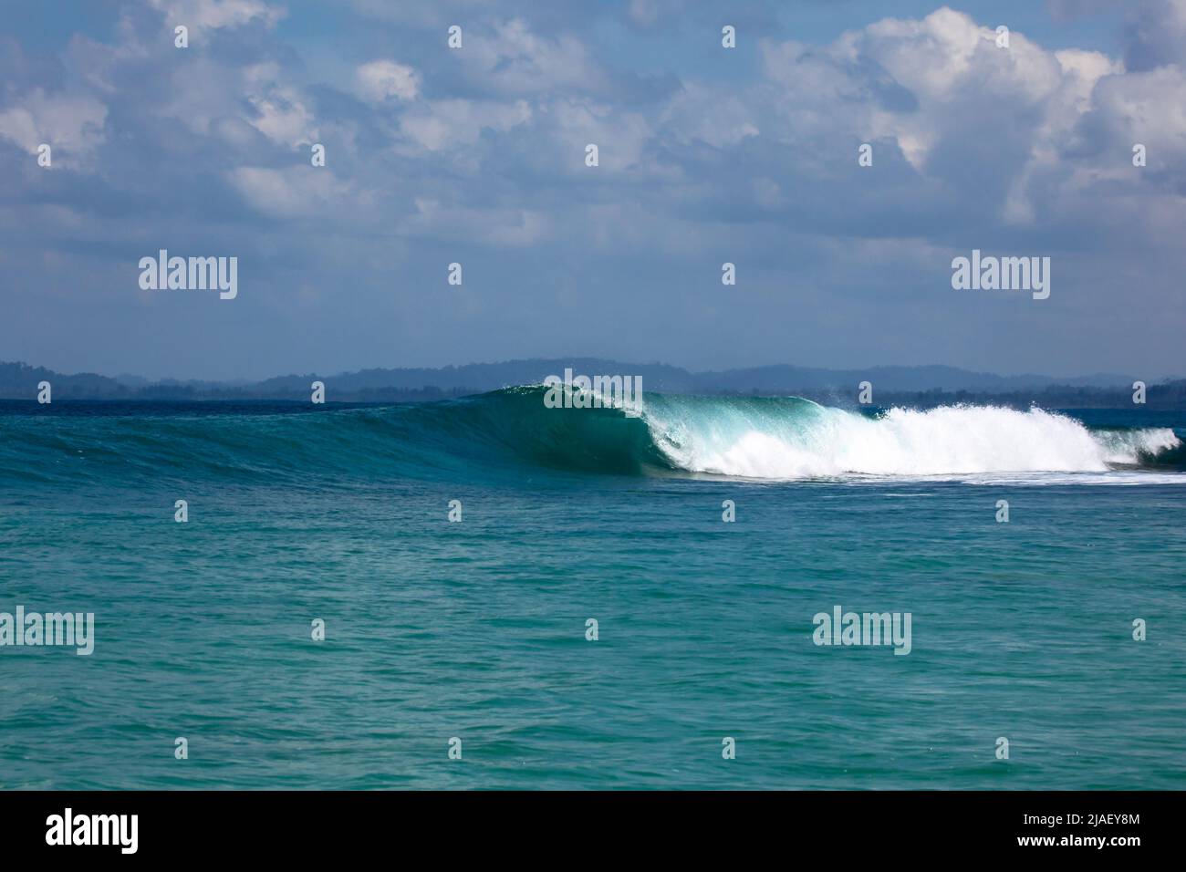 A wave goes unridden at 'Pitstops' surf break in the Mentawai Islands off Sumatra's West Coast. There are many surf breaks in this area that people tr Stock Photo