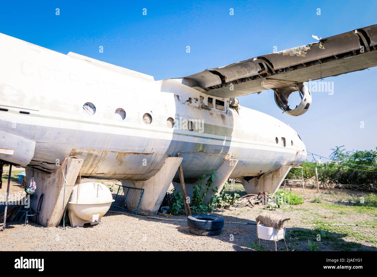 Destroyed Soviet Airplane in the Massawa Old Town, Eritrea Stock Photo