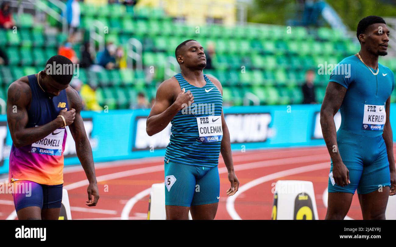 Eugene OR USA. 28th May, 2022. Trayvon Bromell wins the 100m in 9.93, Fred  Kerley came in second with a time 9.98 and Christian Coleman third with a  time 10.04 standing at